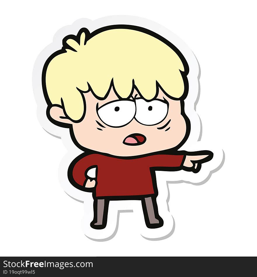 sticker of a cartoon exhausted boy