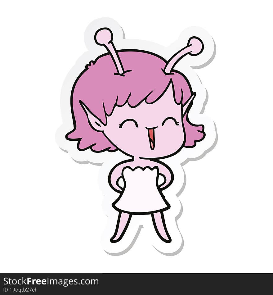 sticker of a cartoon alien girl laughing