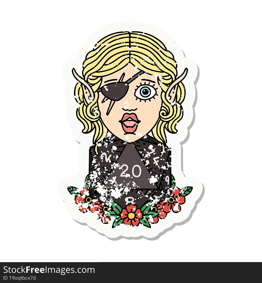 elf rogue character with natural twenty dice roll grunge sticker