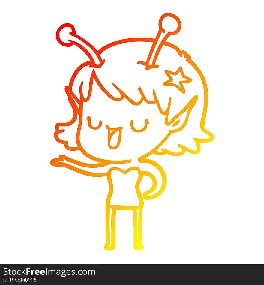 warm gradient line drawing of a happy alien girl cartoon laughing