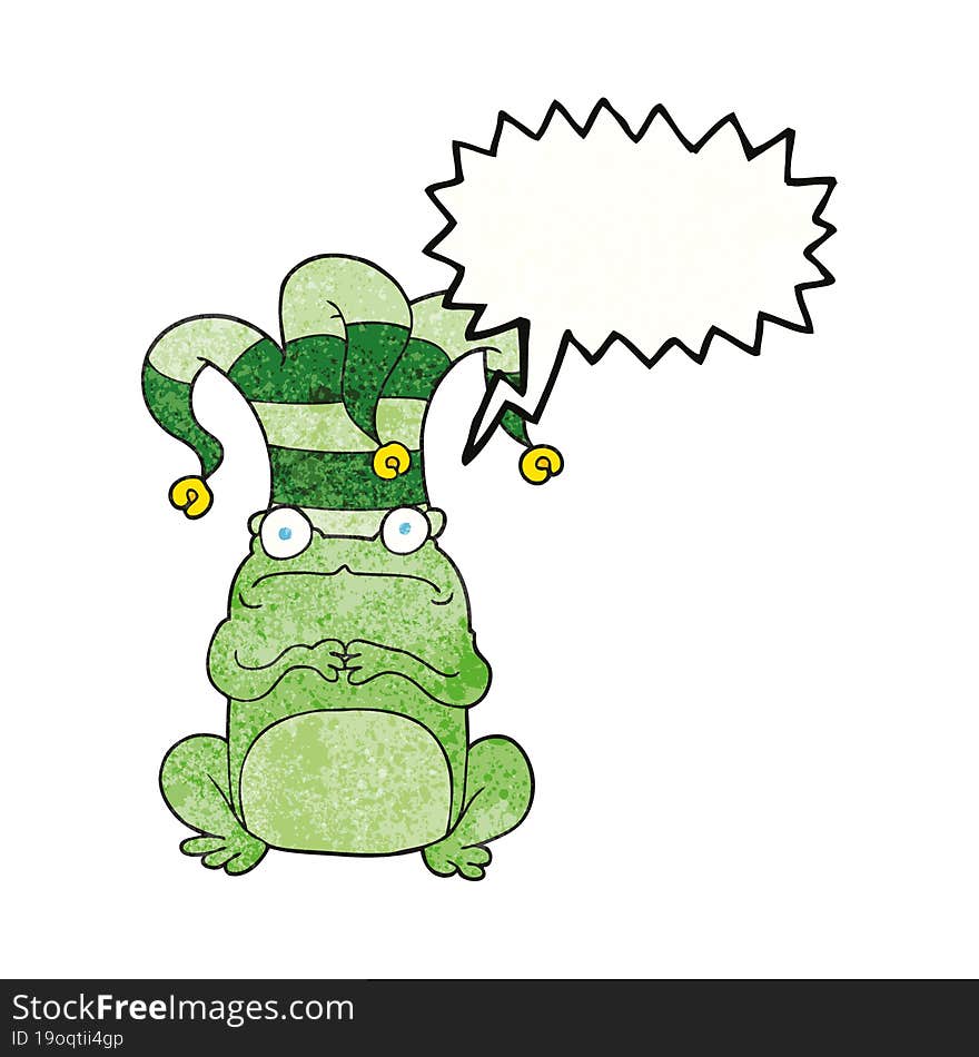 speech bubble textured cartoon nervous frog wearing jester hat