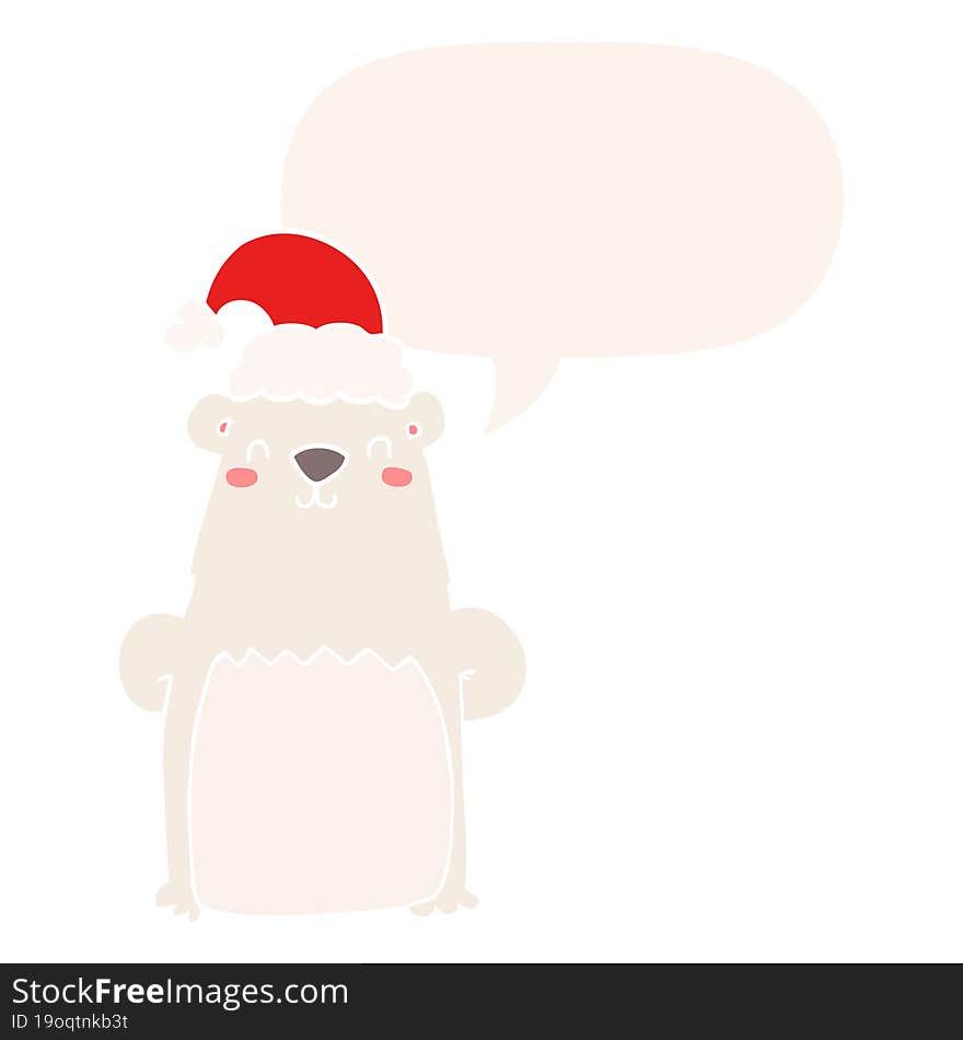 cartoon bear wearing christmas hat and speech bubble in retro style