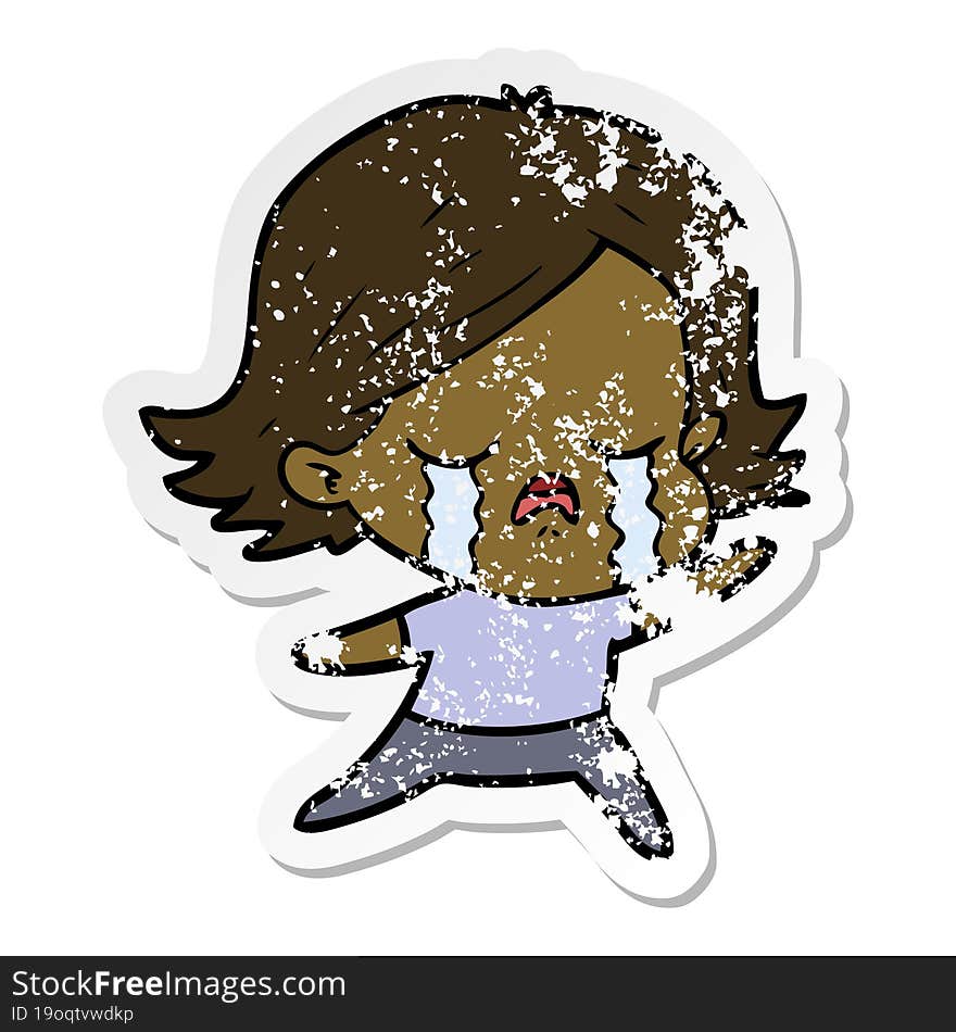 distressed sticker of a cartoon girl crying