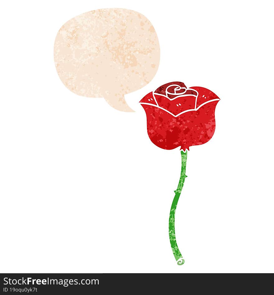 cartoon rose and speech bubble in retro textured style