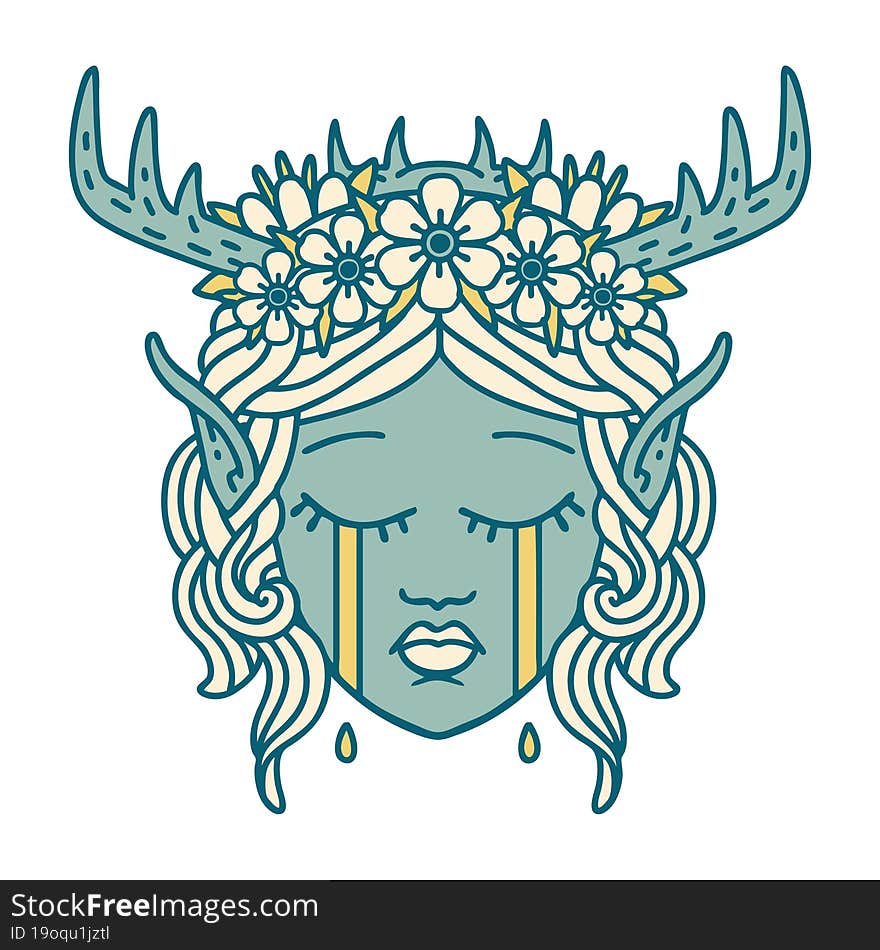 Retro Tattoo Style crying elf druid character face. Retro Tattoo Style crying elf druid character face