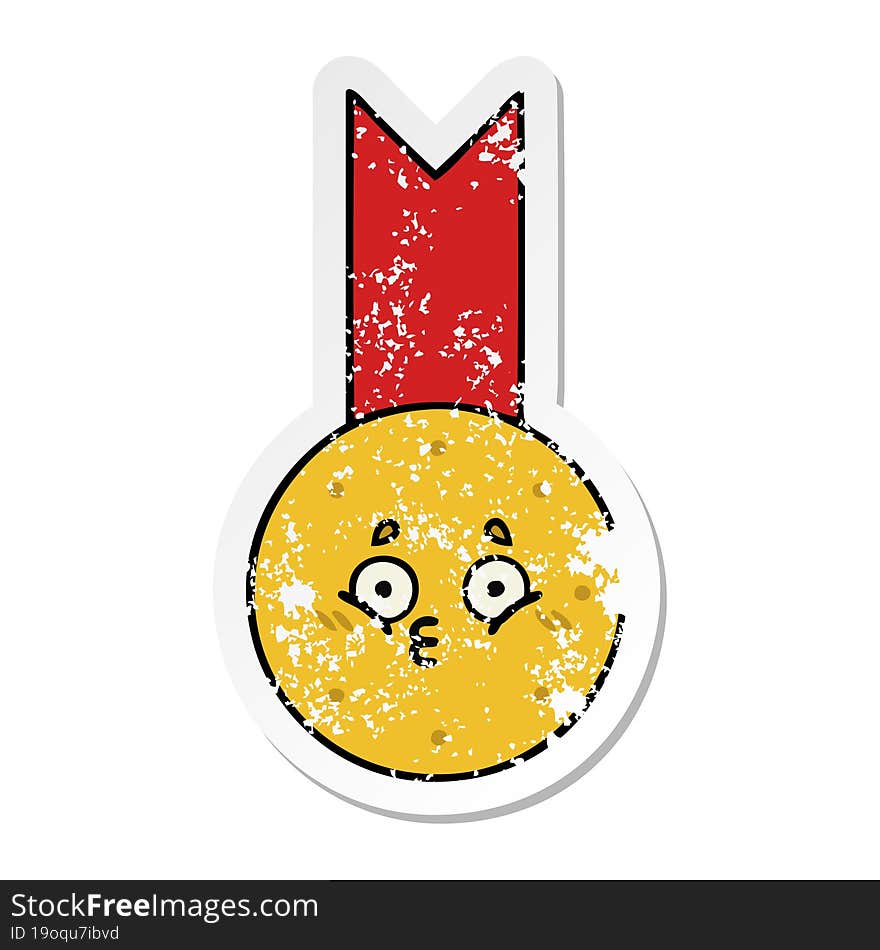 Distressed Sticker Of A Cute Cartoon Gold Medal