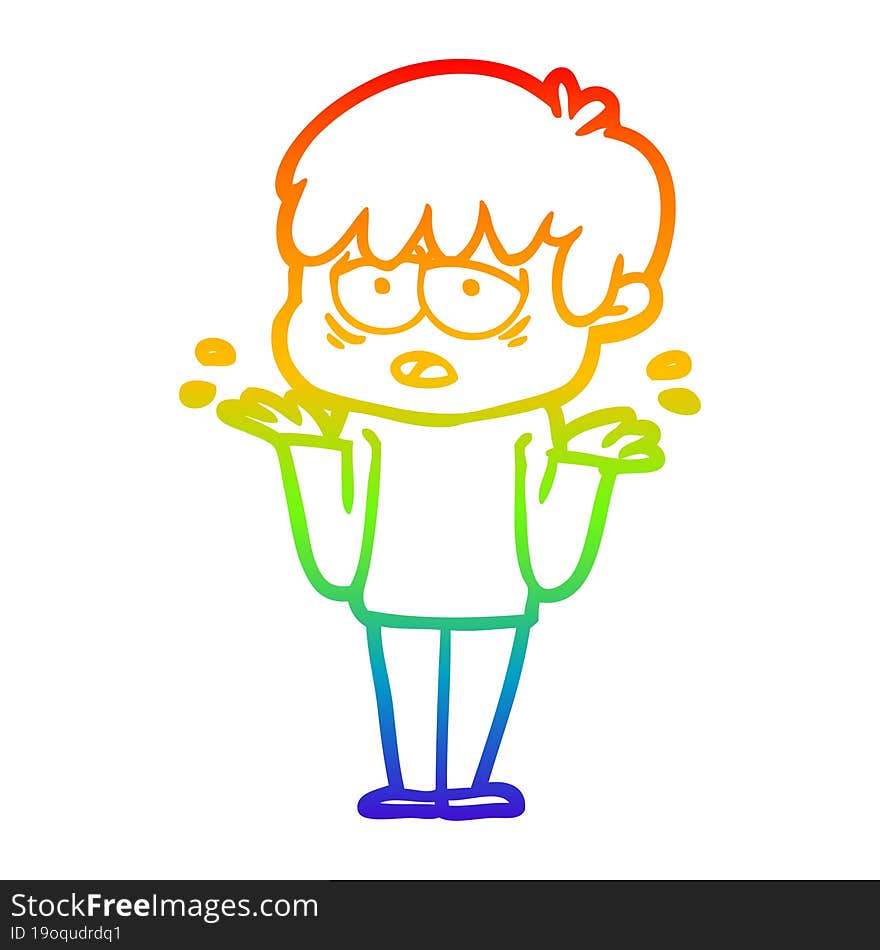 rainbow gradient line drawing cartoon exhausted boy shrugging shoulders