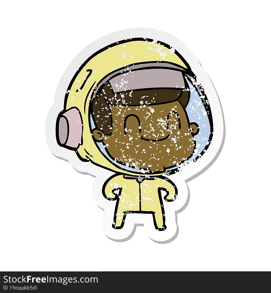 distressed sticker of a happy cartoon astronaut man