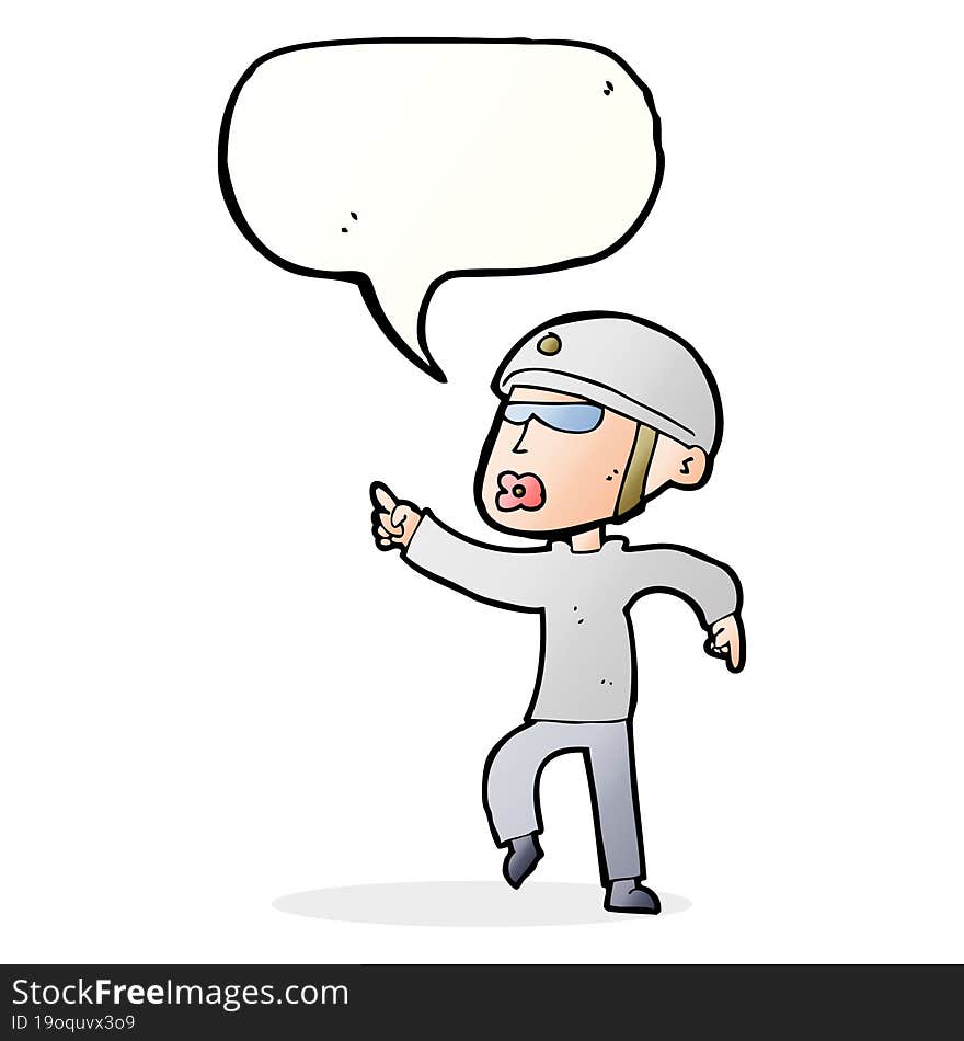 cartoon man in bike helmet pointing with speech bubble