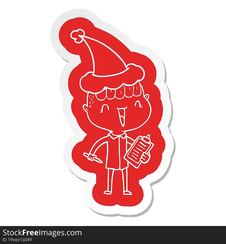 cartoon  sticker of a happy boy surprised wearing santa hat