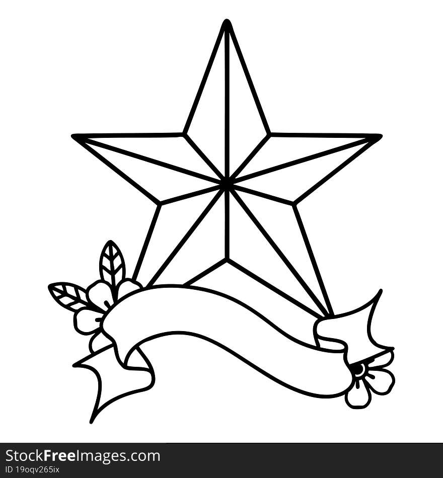 black linework tattoo with banner of a star