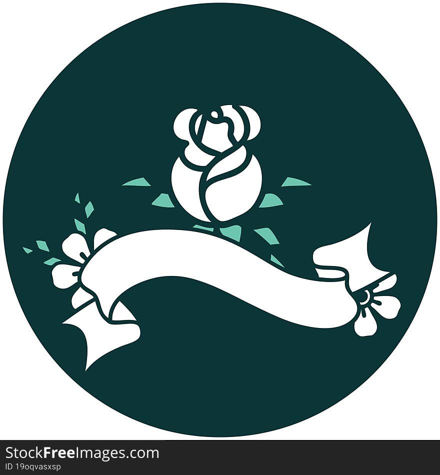 tattoo style icon with banner of a single rose