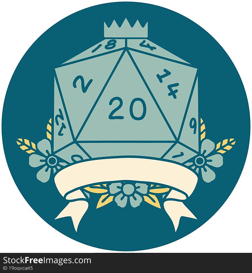 Retro Tattoo Style natural 20 critical hit D20 dice roll. Retro Tattoo Style natural 20 critical hit D20 dice roll