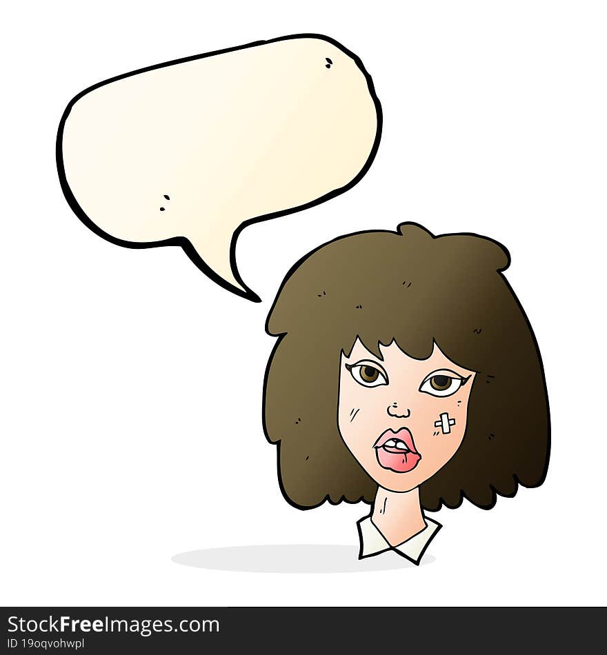 cartoon woman with bruised face with speech bubble