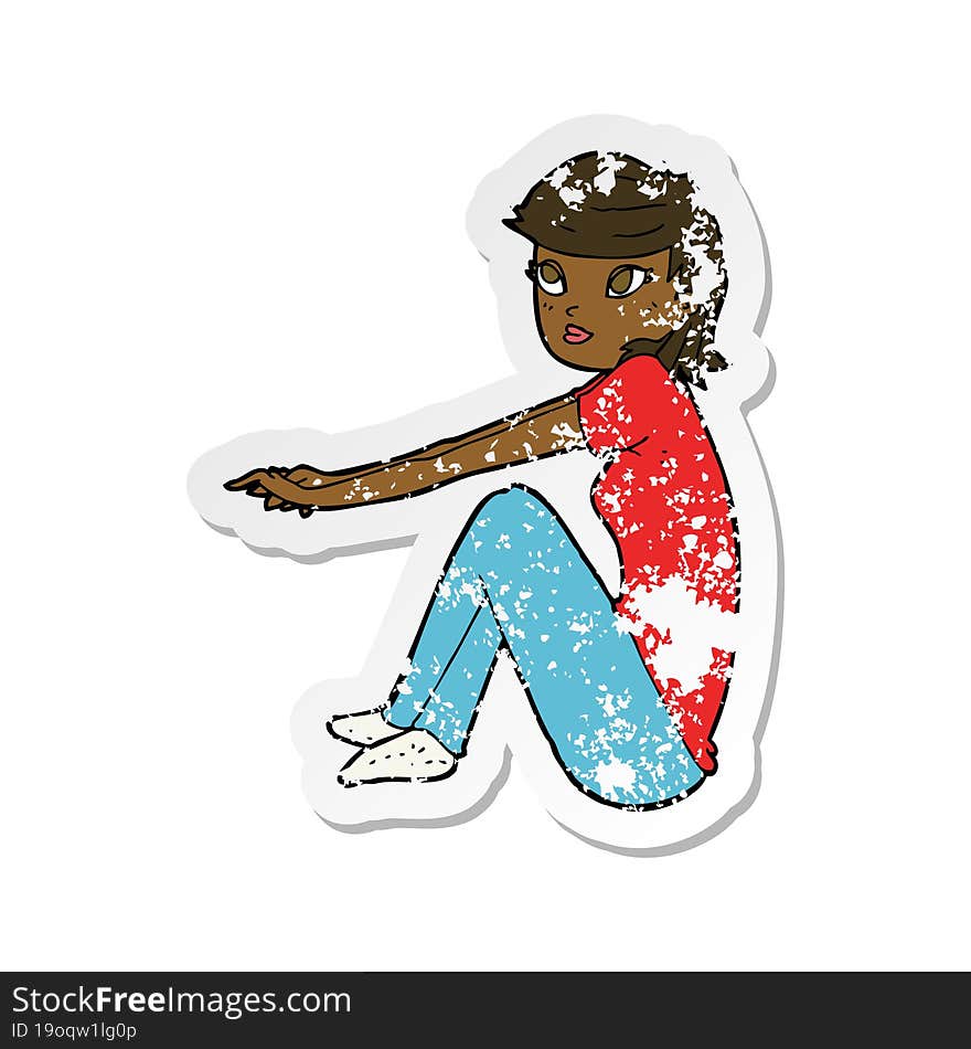 retro distressed sticker of a cartoon pretty girl sitting