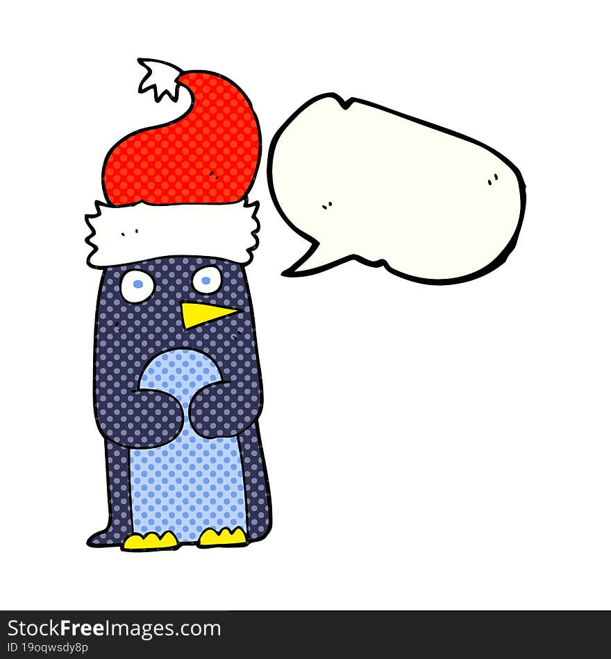 comic book speech bubble cartoon penguin in christmas hat