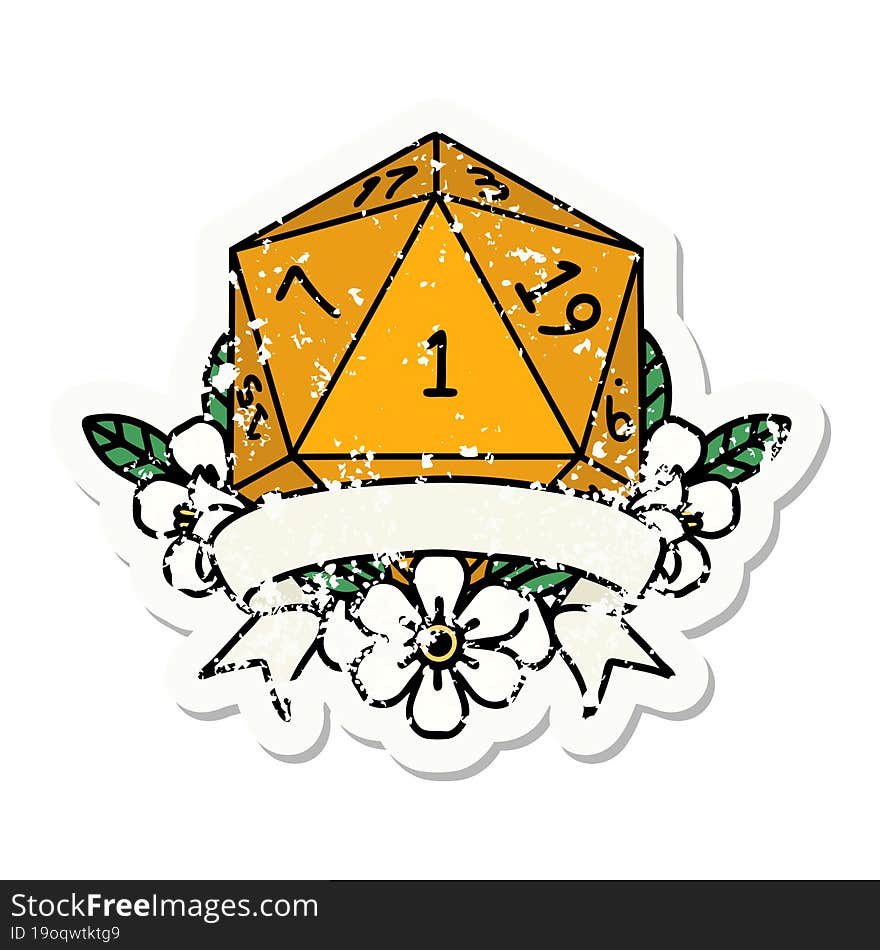 natural one d20 dice roll grunge sticker