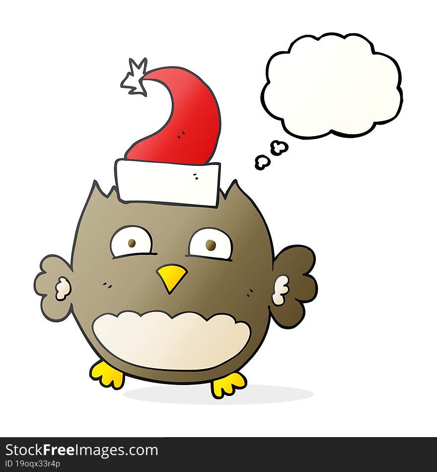 freehand drawn thought bubble cartoon owl wearing christmas hat