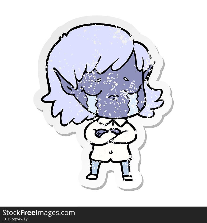 distressed sticker of a cartoon crying elf girl