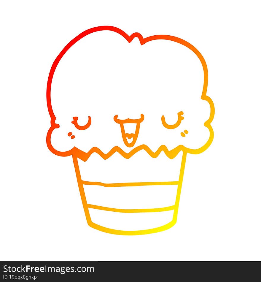 warm gradient line drawing cartoon cupcake with face