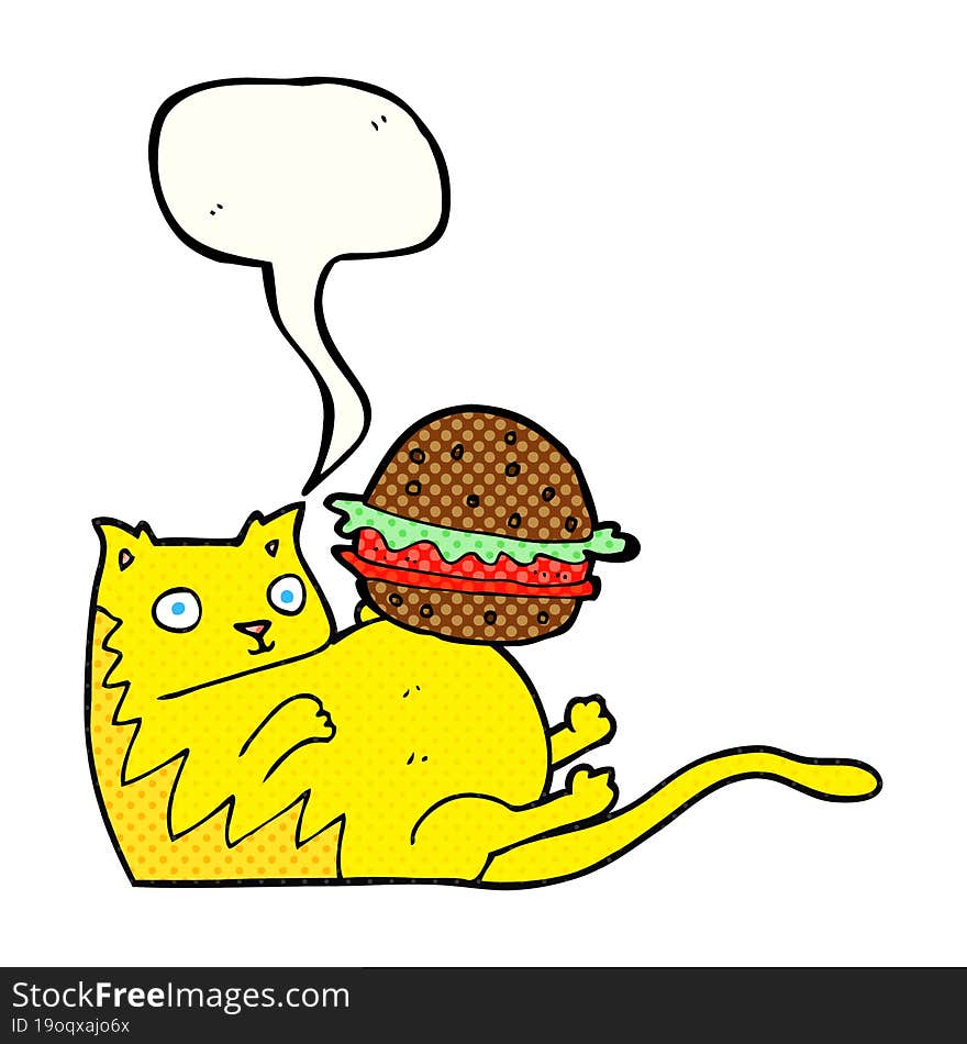 freehand drawn comic book speech bubble cartoon fat cat with burger