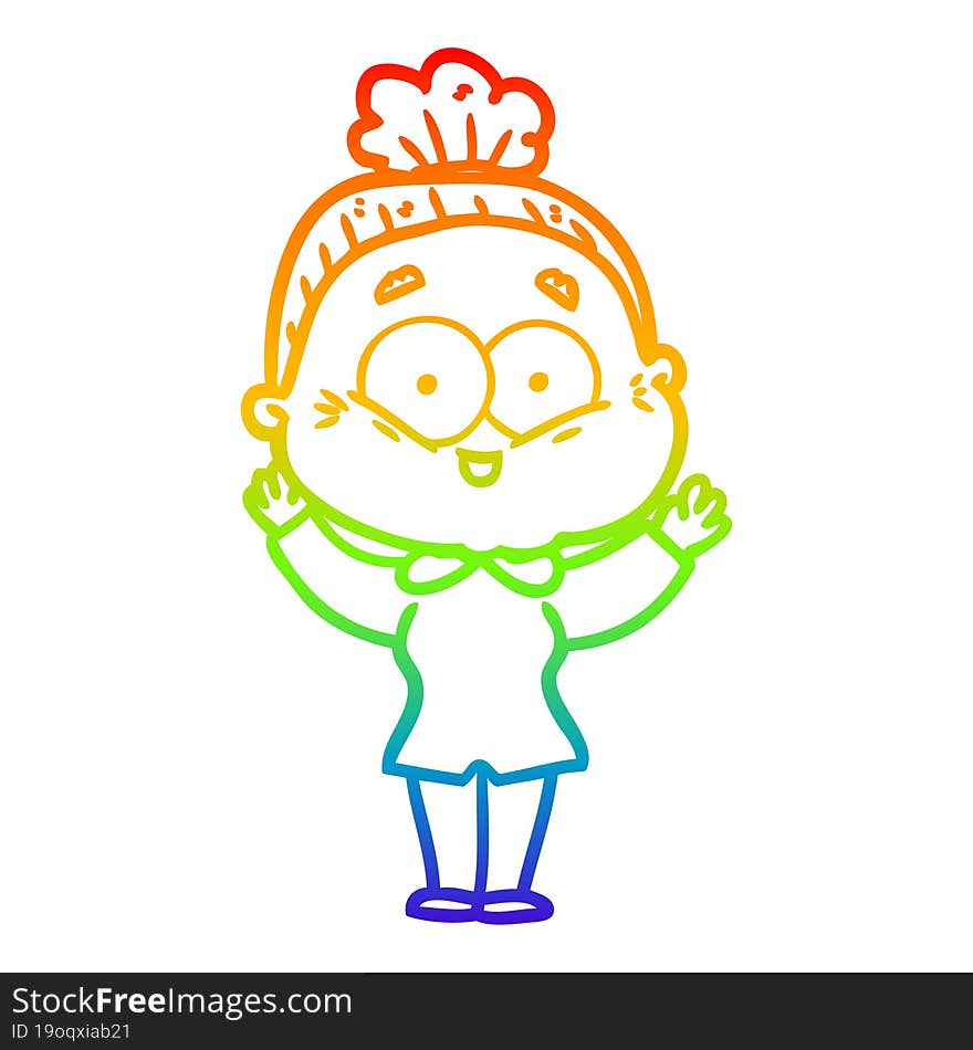 rainbow gradient line drawing cartoon happy old woman