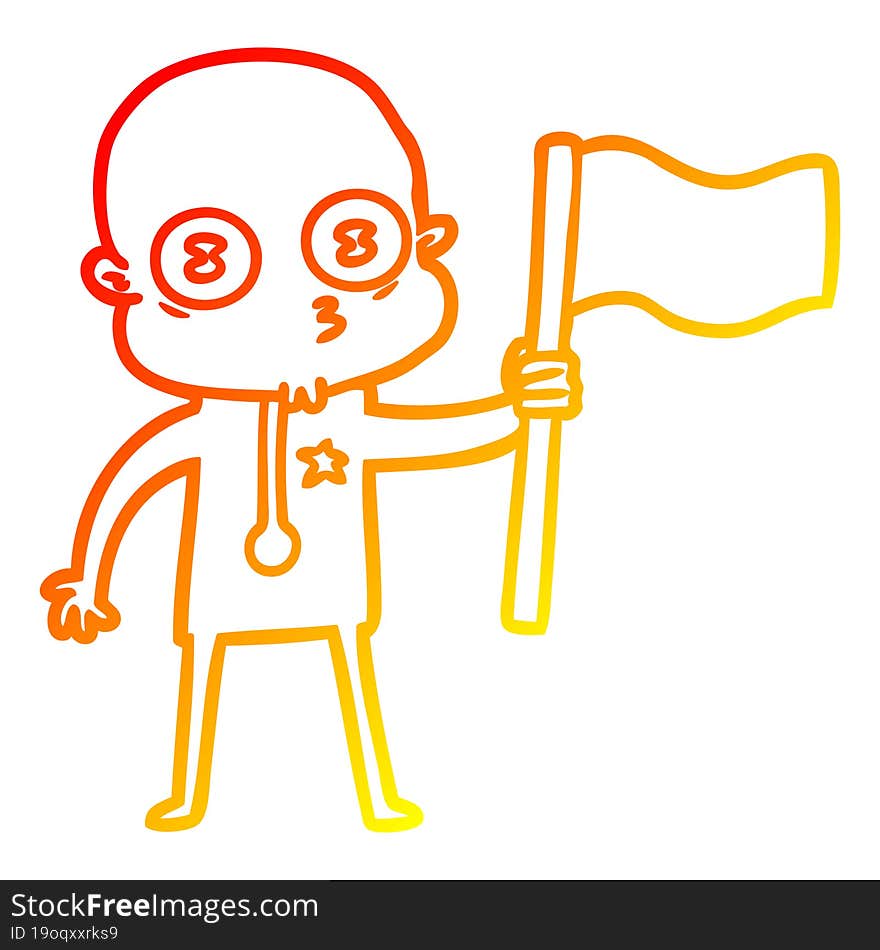 warm gradient line drawing cartoon weird bald spaceman with flag