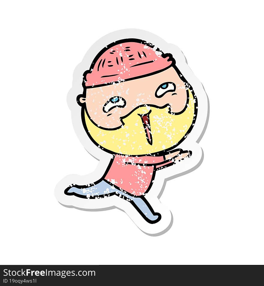 distressed sticker of a cartoon happy bearded man