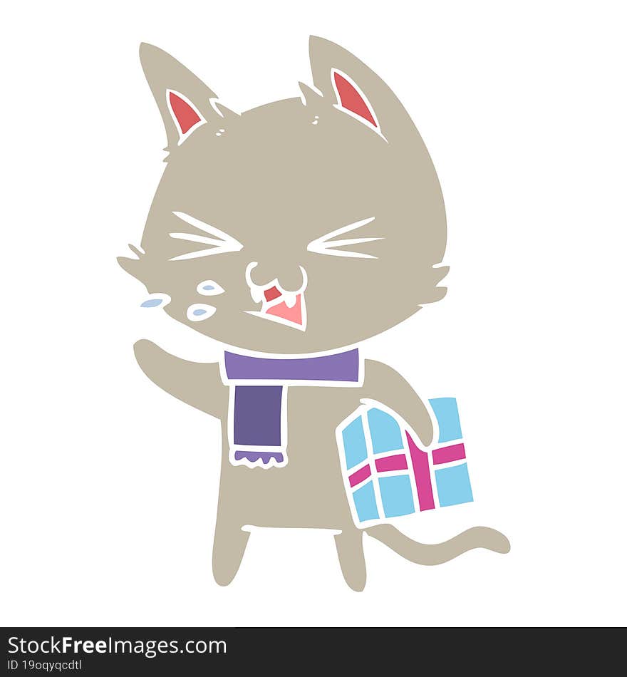 flat color style cartoon hissing cat with christmas present