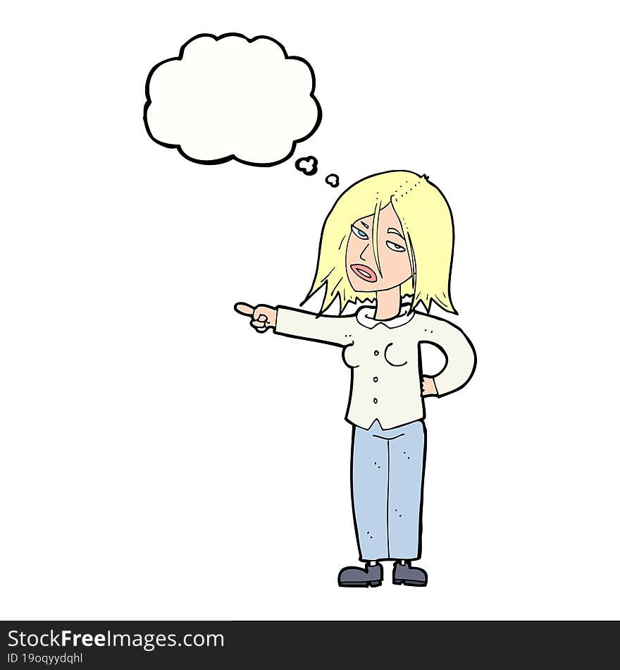 cartoon woman pointing with thought bubble