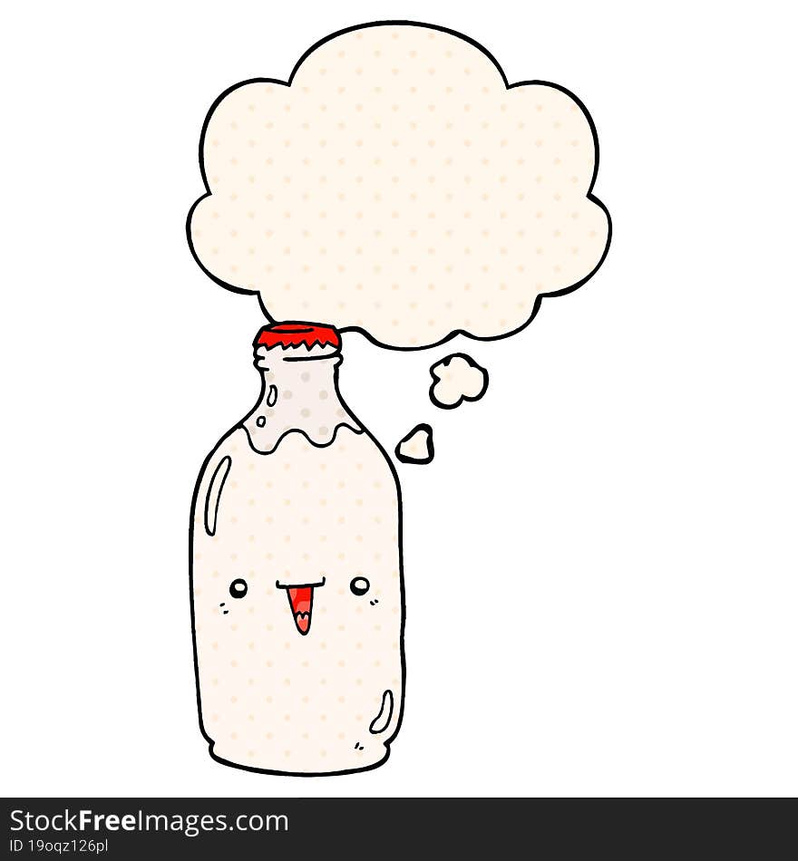 cute cartoon milk bottle and thought bubble in comic book style