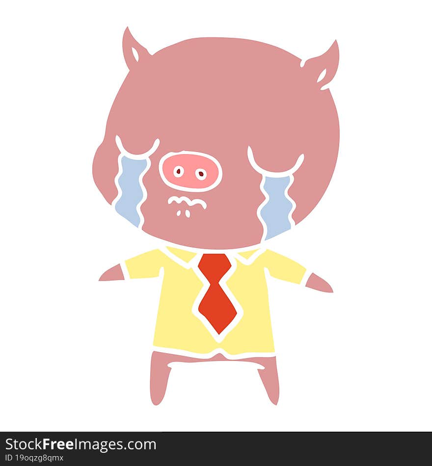 flat color style cartoon pig crying wearing shirt and tie