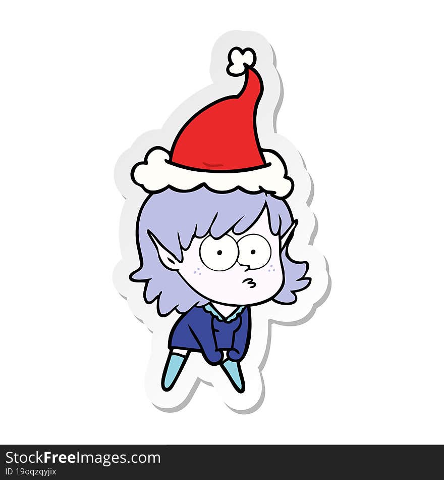 hand drawn sticker cartoon of a elf girl staring and crouching wearing santa hat