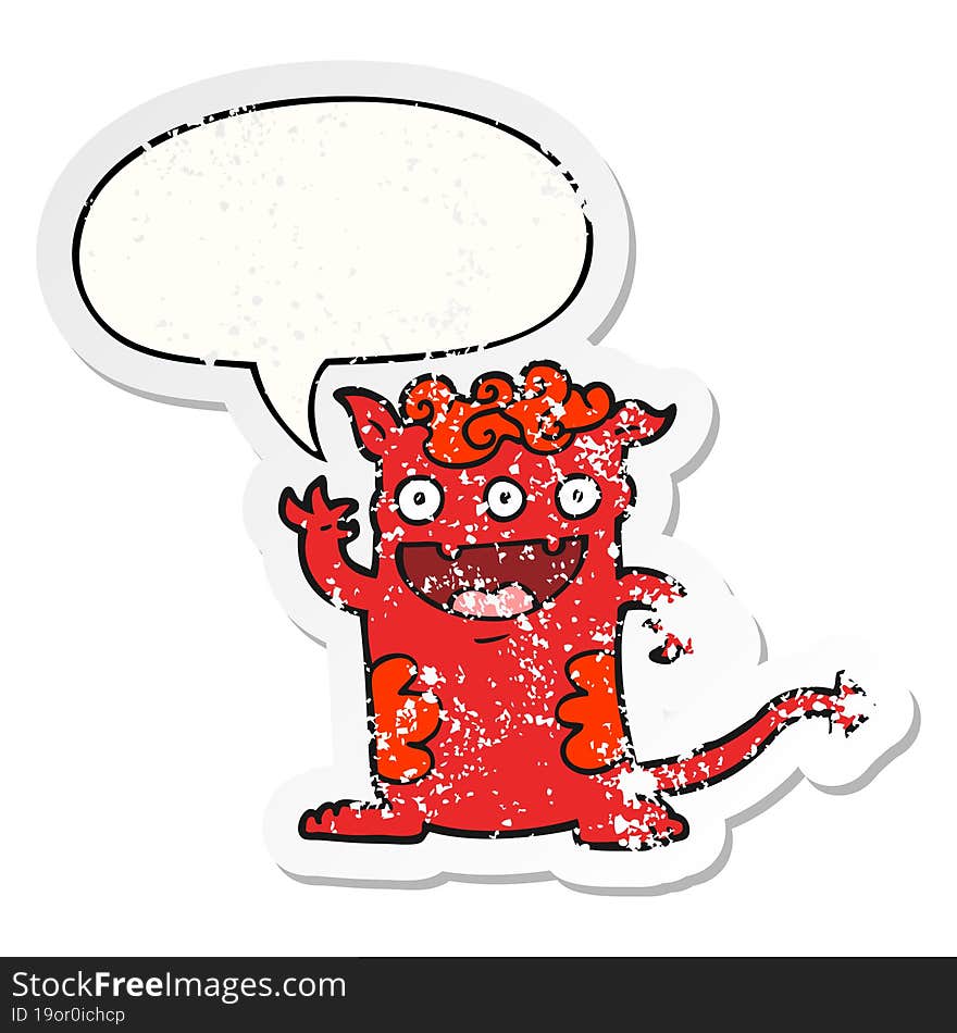 cartoon halloween monster and speech bubble distressed sticker