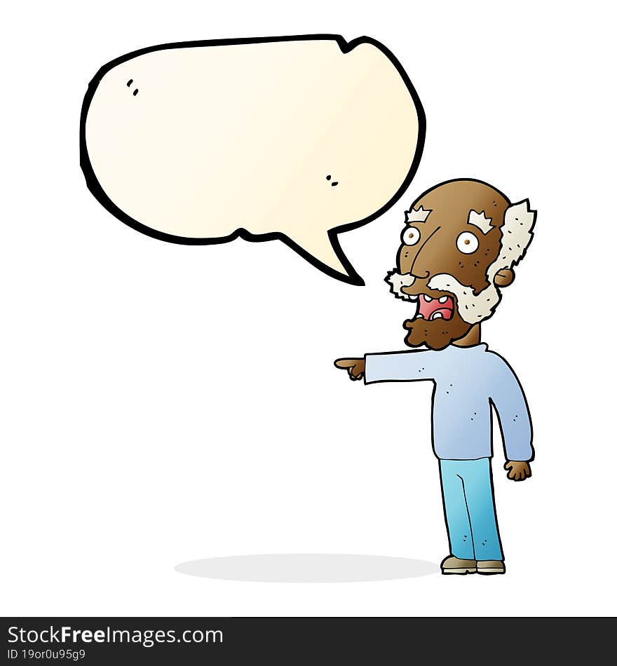 Cartoon Scared Old Man Pointing With Speech Bubble