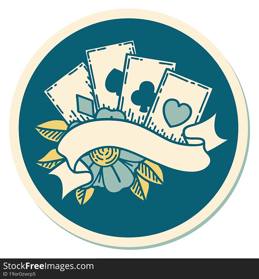 tattoo style sticker of cards and banner