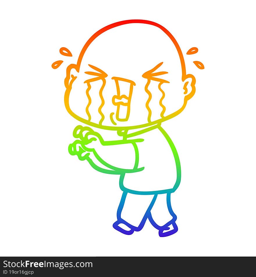 rainbow gradient line drawing cartoon crying bald man