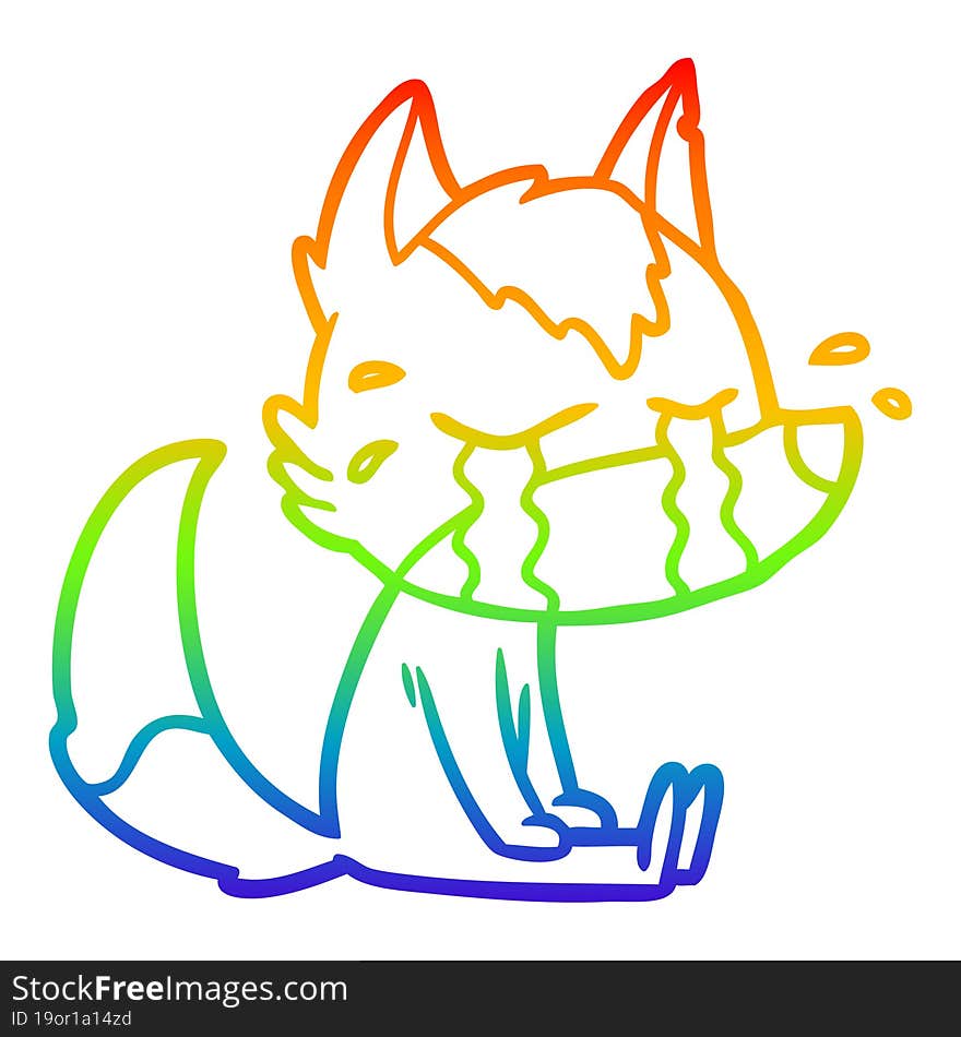 rainbow gradient line drawing of a cartoon crying wolf