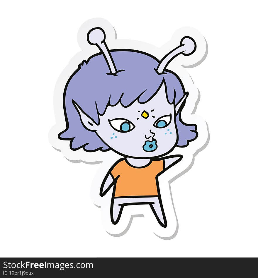 Sticker Of A Pretty Cartoon Alien Girl