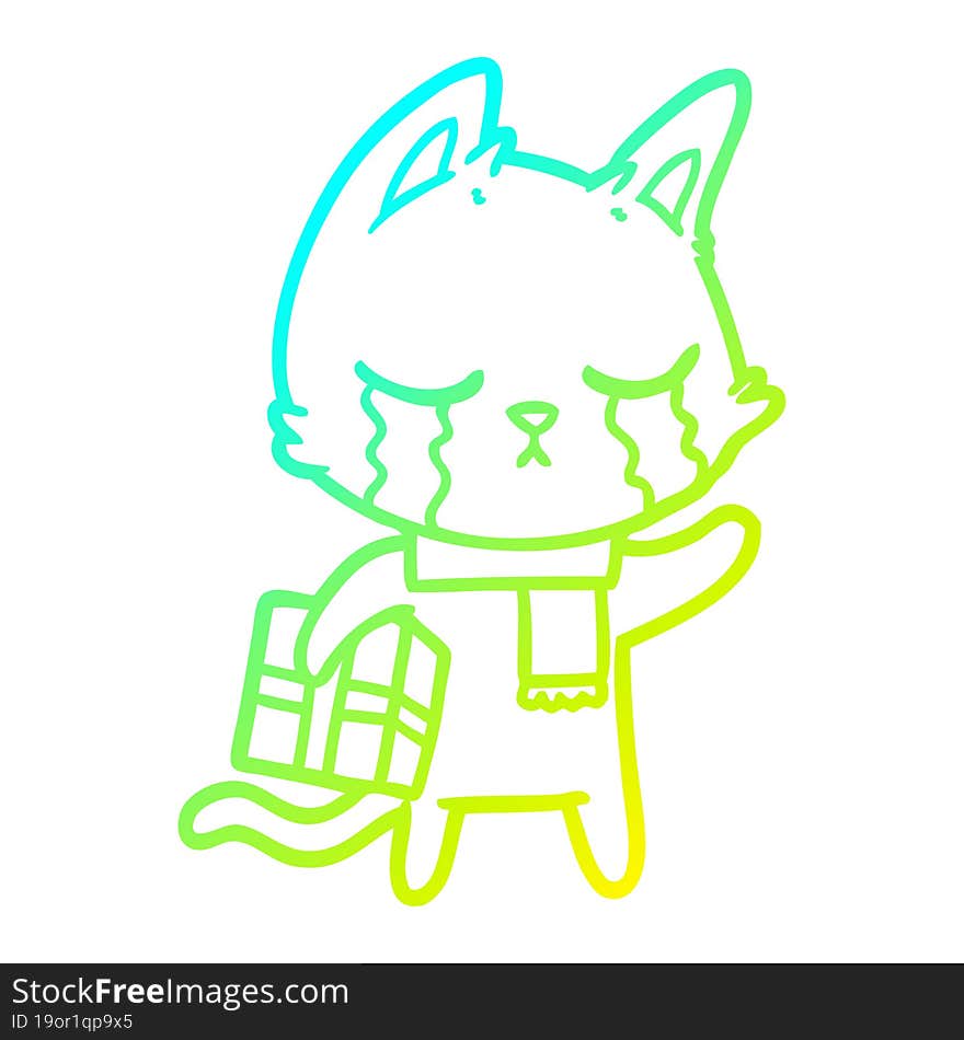 cold gradient line drawing of a crying cartoon cat holding christmas present