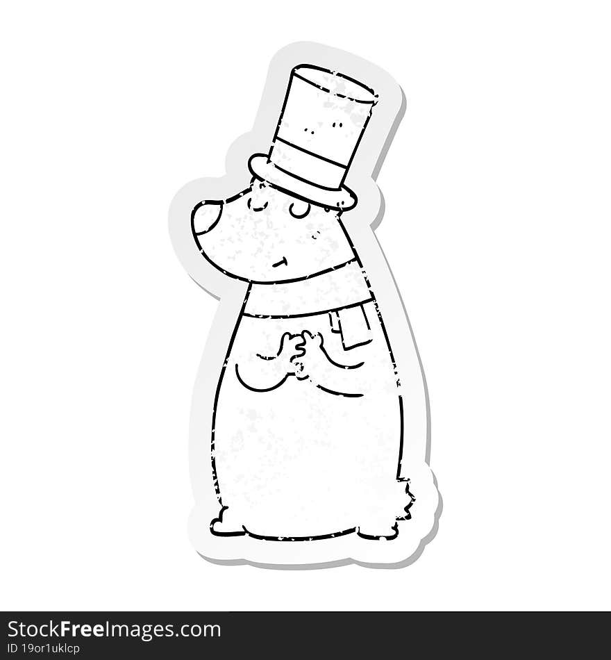 distressed sticker of a cartoon bear in top hat