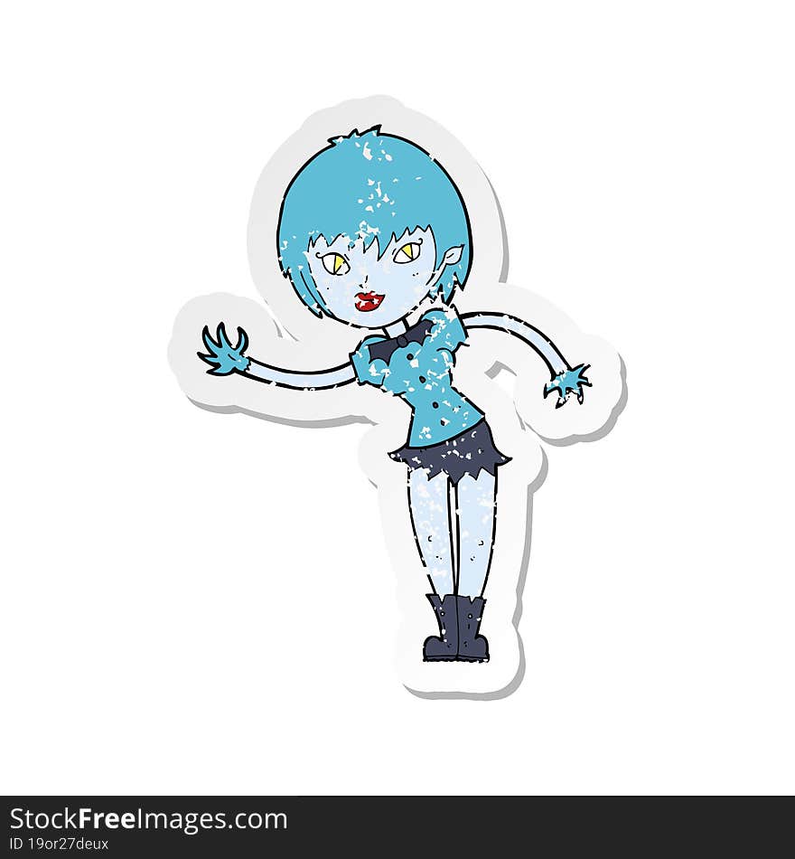 retro distressed sticker of a cartoon vampire girl welcoming