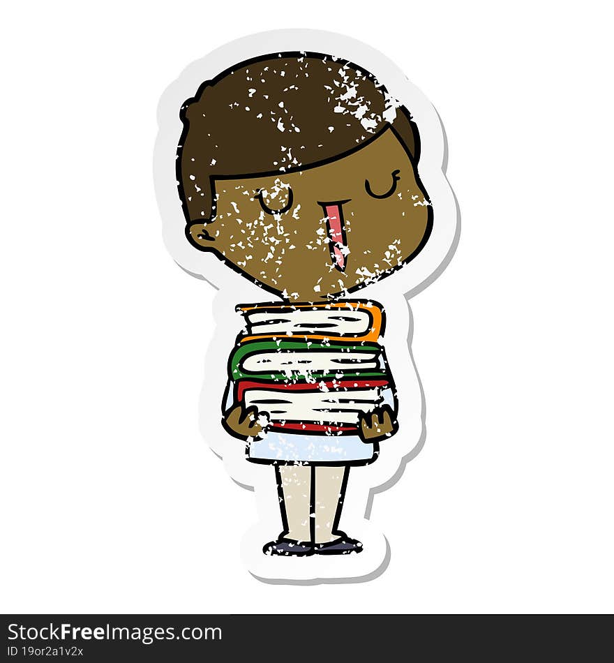 Distressed Sticker Of A Cartoon Happy Boy With Stack Of Books