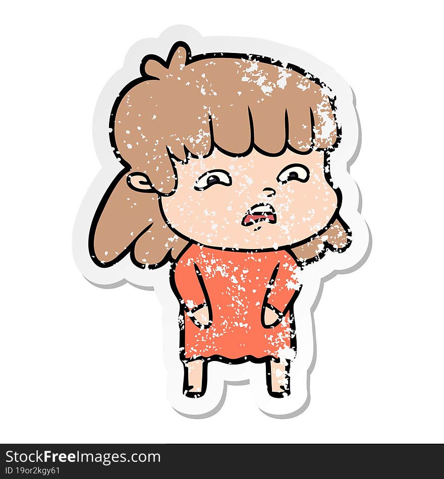 distressed sticker of a cartoon worried woman