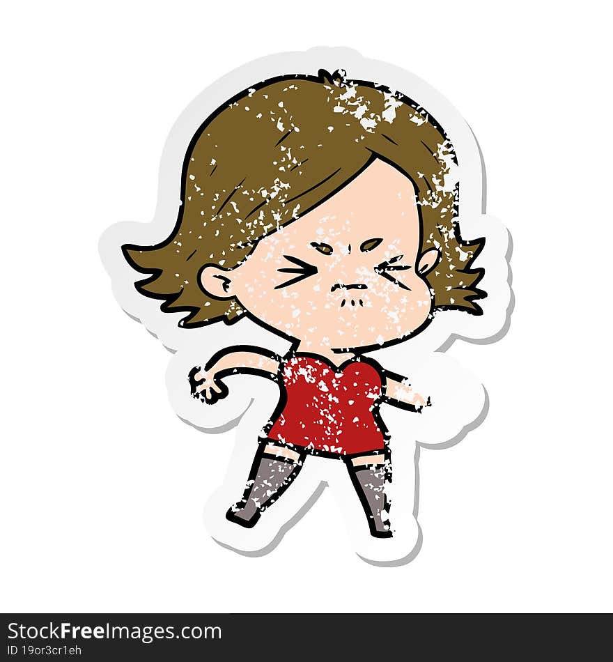 distressed sticker of a cartoon angry girl