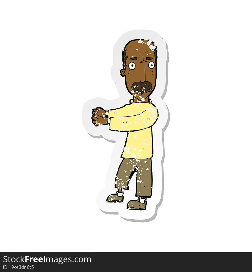 retro distressed sticker of a cartoon balding man explaining