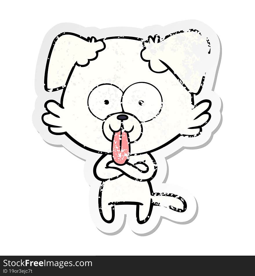 distressed sticker of a cartoon dog with tongue sticking out