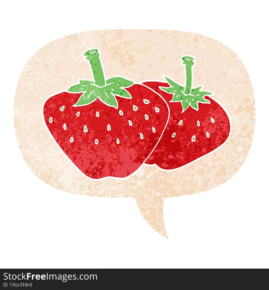 cartoon strawberry and speech bubble in retro textured style