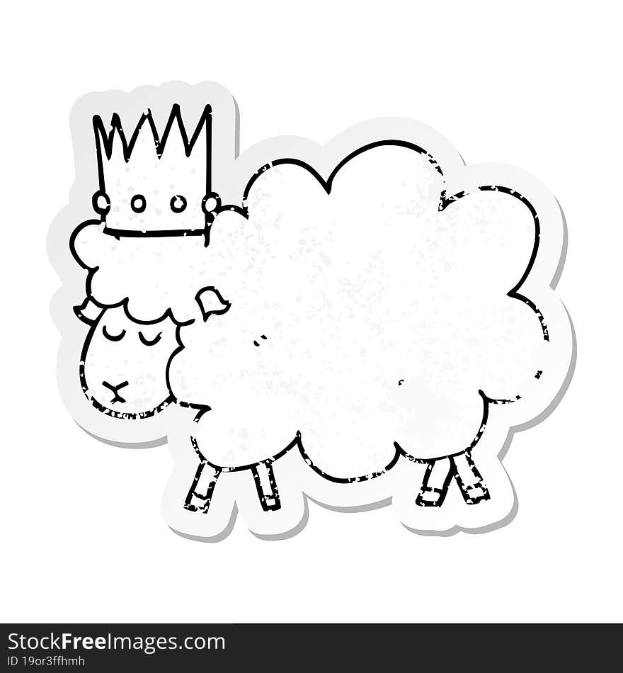 Distressed Sticker Of A Cartoon Sheep Wearing Crown