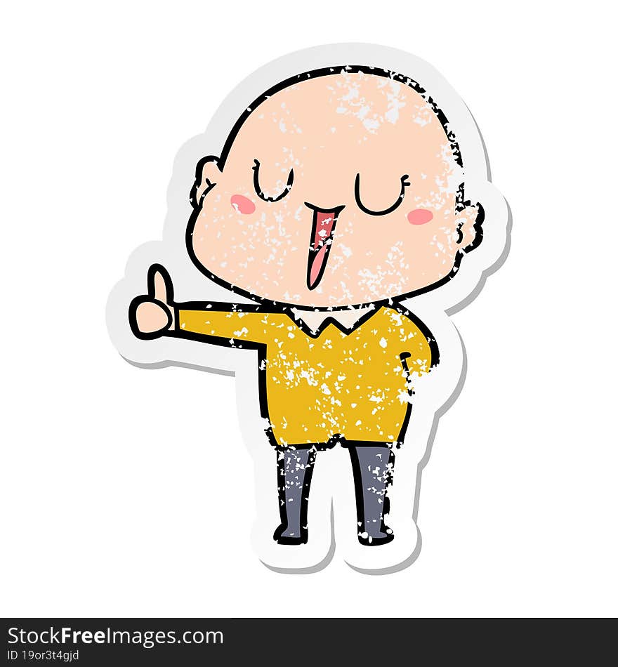 distressed sticker of a happy cartoon bald man